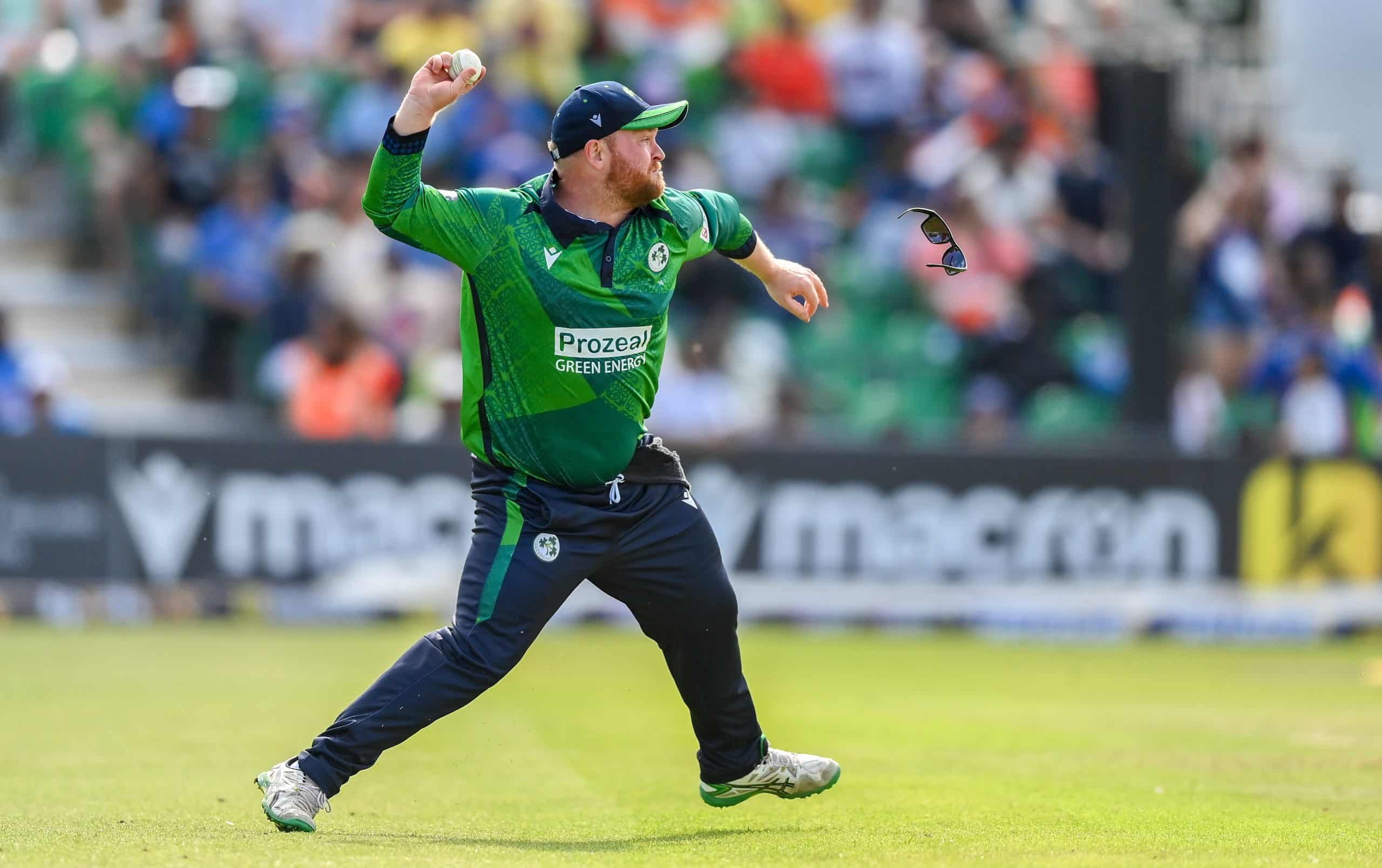 20 August 2023; Ireland captain Paul Stirling fields the ball during match two of the Men's T20 International series between Ireland and India at Malahide Cricket Ground in Dublin. Photo by Seb Daly/Sportsfile