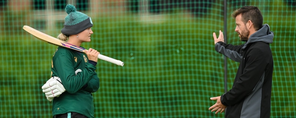 28 July 2023; Ireland head coach Ed Joyce and Gaby Lewis before match three of the Certa Womens One Day International Challenge series between Ireland and Australia at Castle Avenue Cricket Ground in Dublin. Photo by Seb Daly/Sportsfile