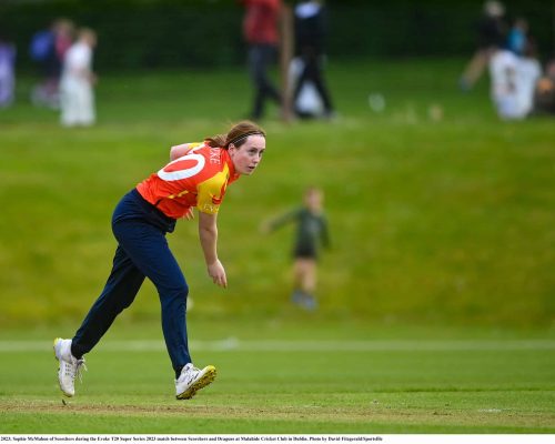 01 May 2023; Sophie McMahon of Scorchers during the Evoke T20 Super Series 2023 match between Scorchers and Dragons at Malahide Cricket Club in Dublin. Photo by David Fitzgerald/Sportsfile