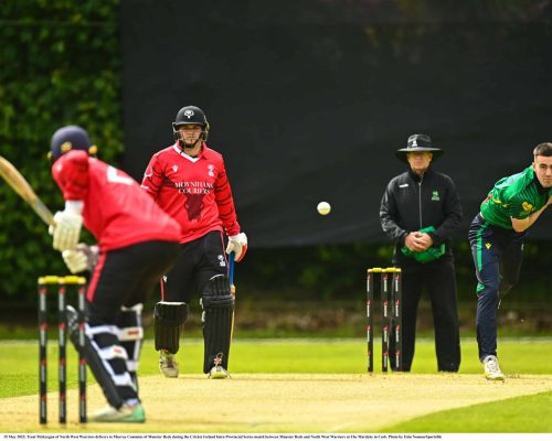 15 May 2023; Trent McKeegan of North West Warriors delivers to Murray Commins of Munster Reds during the Cricket Ireland Inter-Provincial Series match between Munster Reds and North West Warriors at The Mardyke in Cork. Photo by Eóin Noonan/Sportsfile