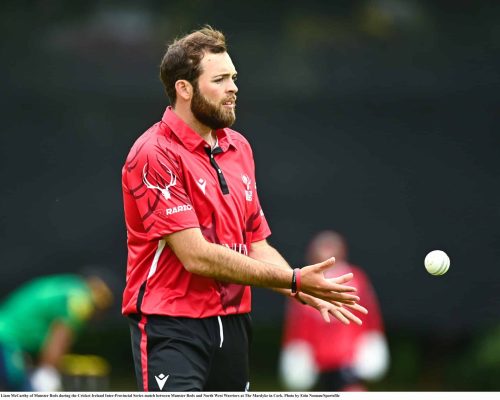 15 May 2023; Liam McCarthy of Munster Reds during the Cricket Ireland Inter-Provincial Series match between Munster Reds and North West Warriors at The Mardyke in Cork. Photo by Eóin Noonan/Sportsfile