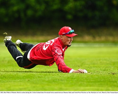 15 May 2023; Ben White of Munster Reds in action during the Cricket Ireland Inter-Provincial Series match between Munster Reds and North West Warriors at The Mardyke in Cork. Photo by Eóin Noonan/Sportsfile