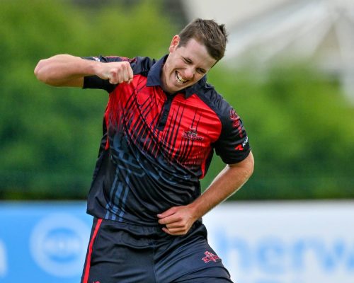 16 May 2023; Tom Mayes of Northern Knights celebrates taking the wicket of Simi Singh of Leinster Lightning during the CI Inter-Provincial Series 2023 match between Leinster Lightning and Northern Knights at Pembroke Cricket Club in Dublin. Photo by Brendan Moran/Sportsfile *** NO REPRODUCTION FEE ***