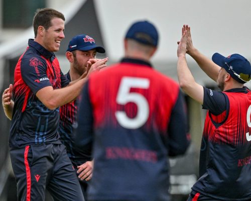 16 May 2023; Tom Mayes of Northern Knights, left, celebrates with teammates after taking the wicket of Simi Singh of Leinster Lightning during the CI Inter-Provincial Series 2023 match between Leinster Lightning and Northern Knights at Pembroke Cricket Club in Dublin. Photo by Brendan Moran/Sportsfile *** NO REPRODUCTION FEE *** Photo by Brendan Moran/Sportsfile *** NO REPRODUCTION FEE ***