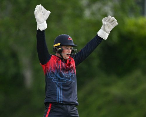 16 May 2023; Northern Knights wicketkeeper Neil Rock appeals for the wicket of Lorcan Tucker of Leinster Lightning during the CI Inter-Provincial Series 2023 match between Leinster Lightning and Northern Knights at Pembroke Cricket Club in Dublin. Photo by Brendan Moran/Sportsfile *** NO REPRODUCTION FEE ***