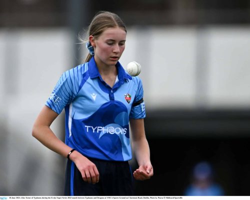 18 June 2023; Alice Tector of Typhoons during the Evoke Super Series 2023 match between Typhoons and Dragons at YMCA Sports Ground on Claremont Road, Dublin. Photo by Piaras Ó Mídheach/Sportsfile