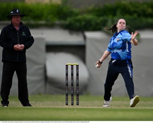 18 June 2023; Laura Delany of Typhoons during the Evoke Super Series 2023 match between Typhoons and Dragons at YMCA Sports Ground on Claremont Road, Dublin. Photo by Piaras Ó Mídheach/Sportsfile