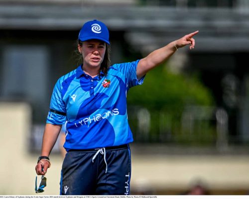 18 June 2023; Laura Delany of Typhoons during the Evoke Super Series 2023 match between Typhoons and Dragons at YMCA Sports Ground on Claremont Road, Dublin. Photo by Piaras Ó Mídheach/Sportsfile